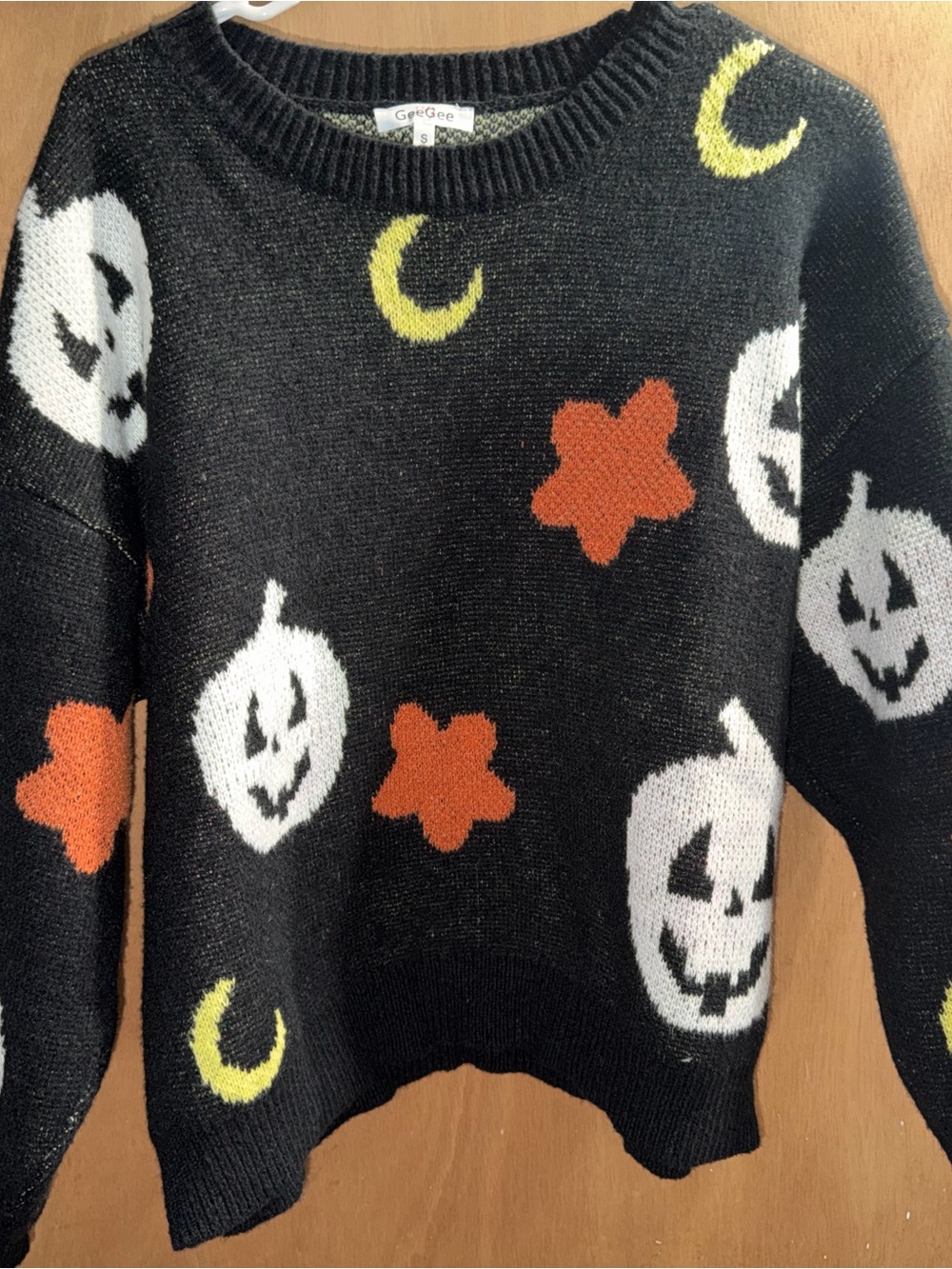 Gee Gee Black Halloween Crewneck Sweater with Pumpkin & Moon Motifs